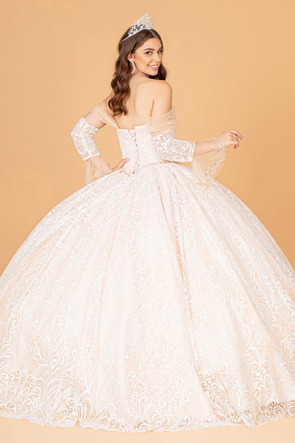Jewel Mesh Quinceanera Dress w/ Mini Bag and Separate Long Sleeves-3