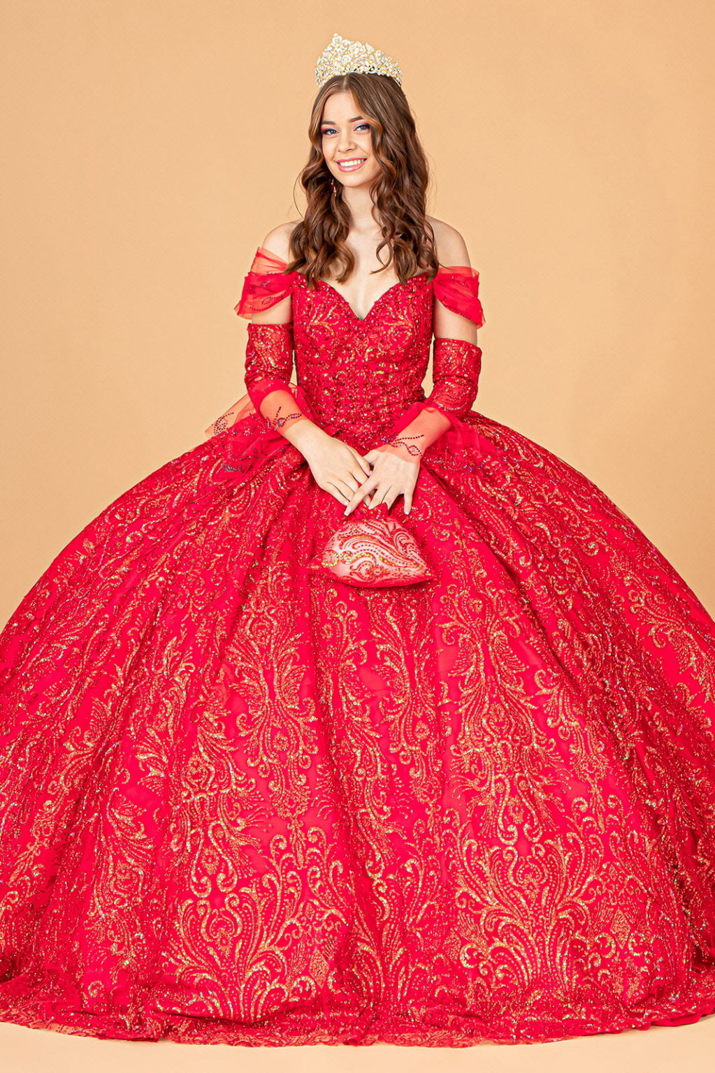 Jewel Mesh Quinceanera Dress w/ Mini Bag and Separate Long Sleeves-1