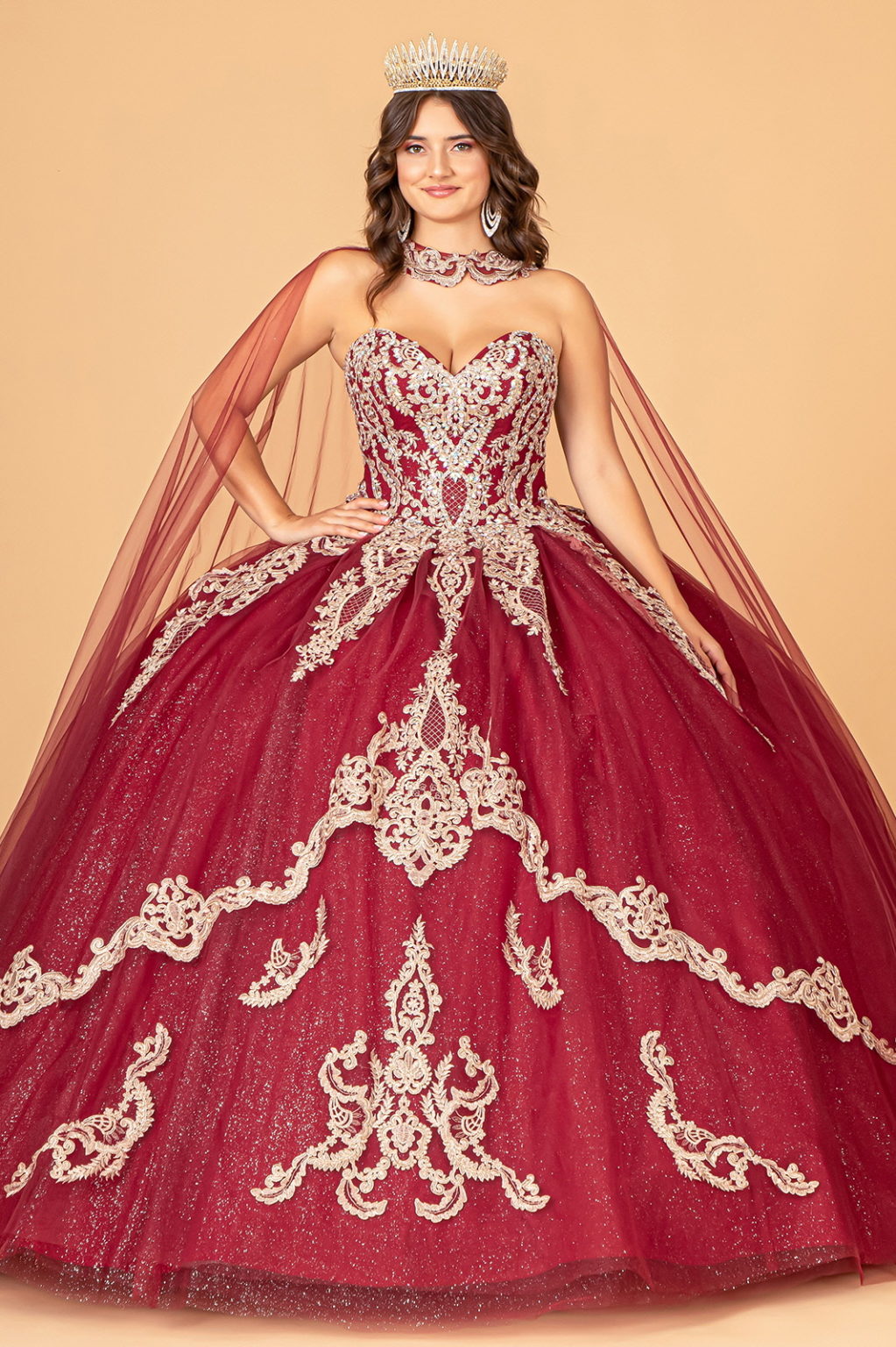 Glitter Jewel Embellished Quinceanera Gown w/ Long Mesh Cape-1