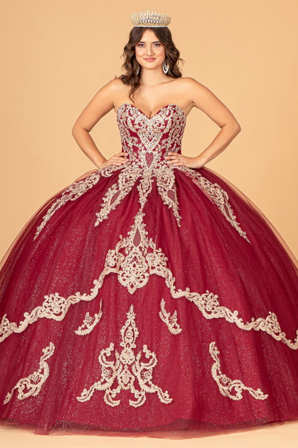 Glitter Jewel Embellished Quinceanera Gown w/ Long Mesh Cape-3