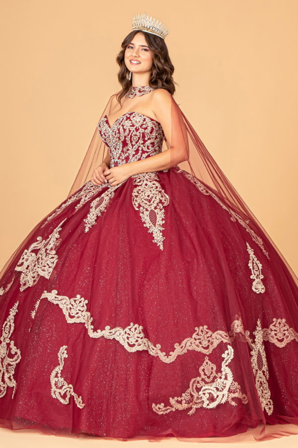 Glitter Jewel Embellished Quinceanera Gown w/ Long Mesh Cape-4