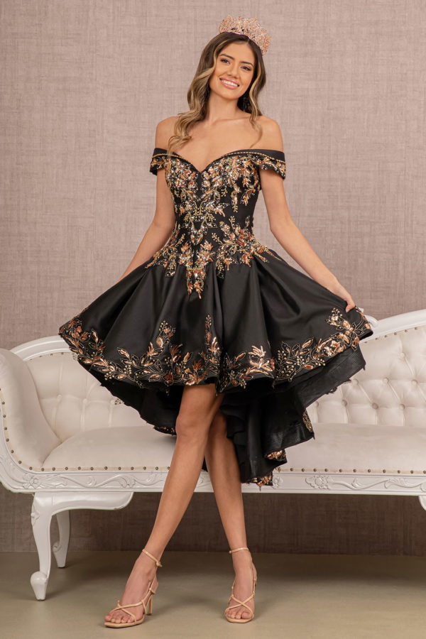 Off Shoulder Satin Quinceanera Ball Gown Embellished with Gold Embroidery-5