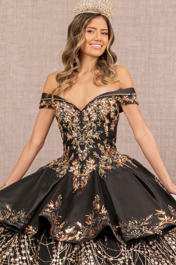 Off Shoulder Satin Quinceanera Ball Gown Embellished with Gold Embroidery-3
