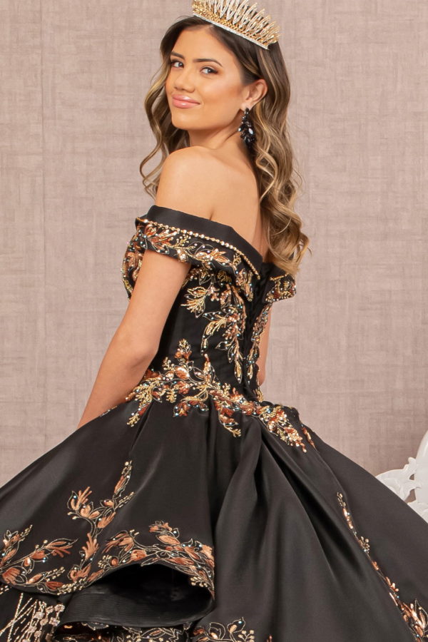 Off Shoulder Satin Quinceanera Ball Gown Embellished with Gold Embroidery-4