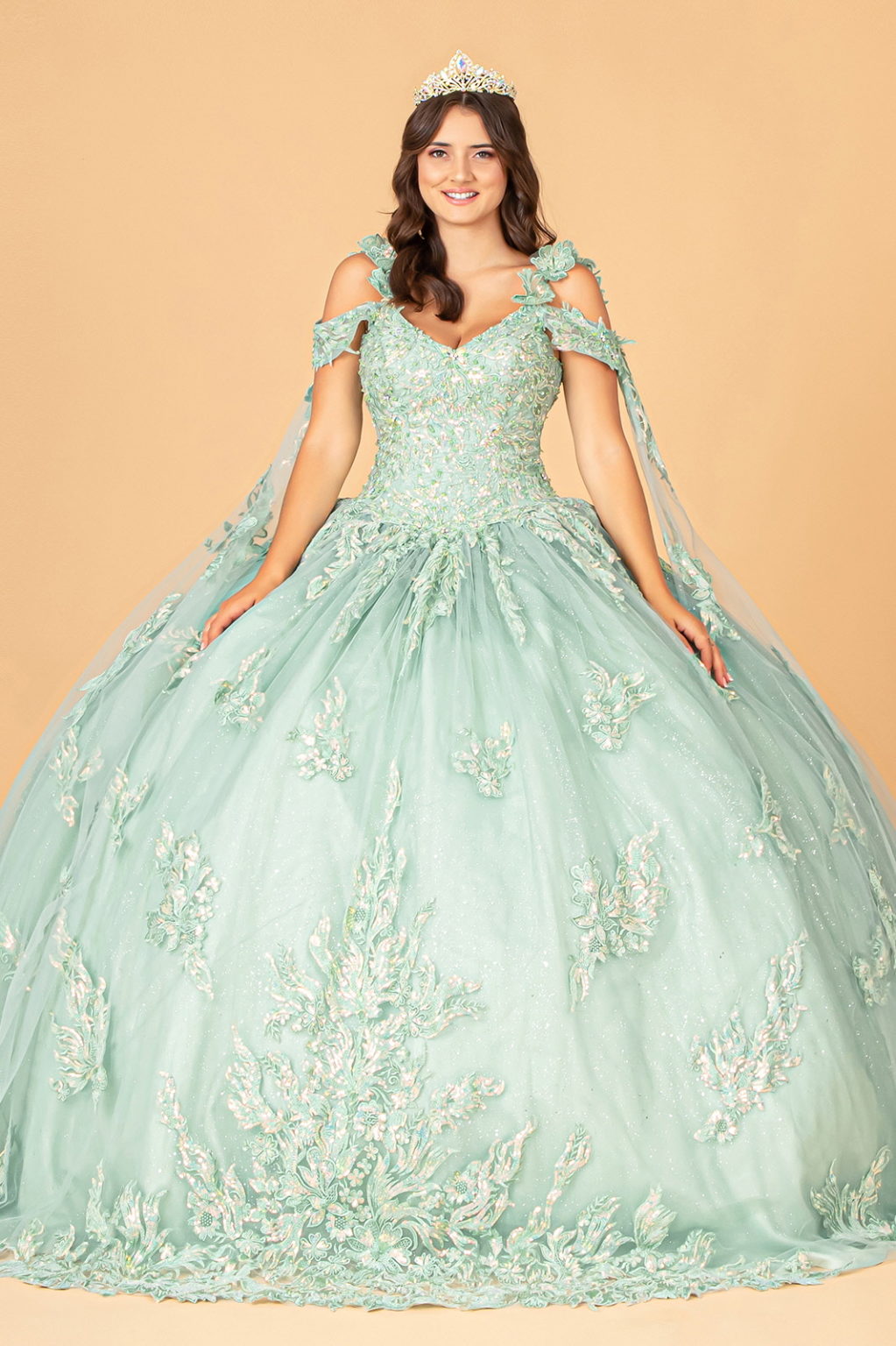 3-D Flower Applique Mesh Quinceanera Ball Gown with Side Mesh Drapes-1