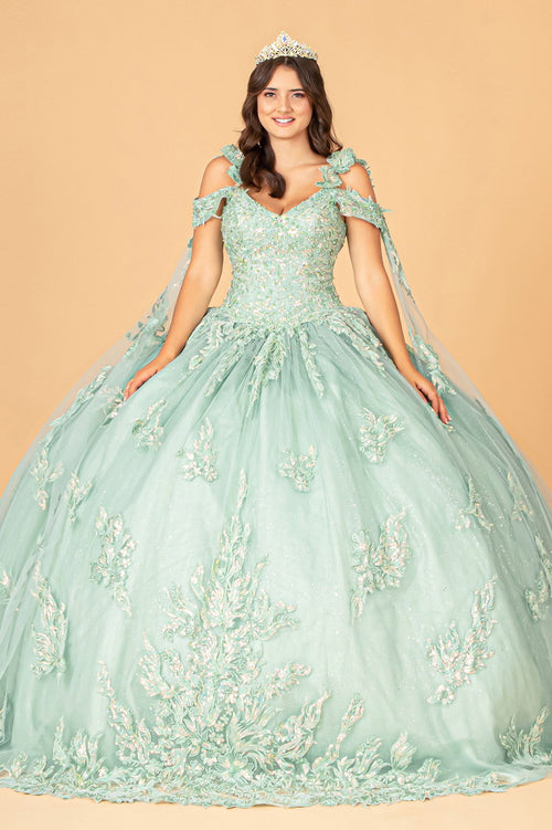 3-D Flower Applique Mesh Quinceanera Ball Gown with Side Mesh Drapes-1