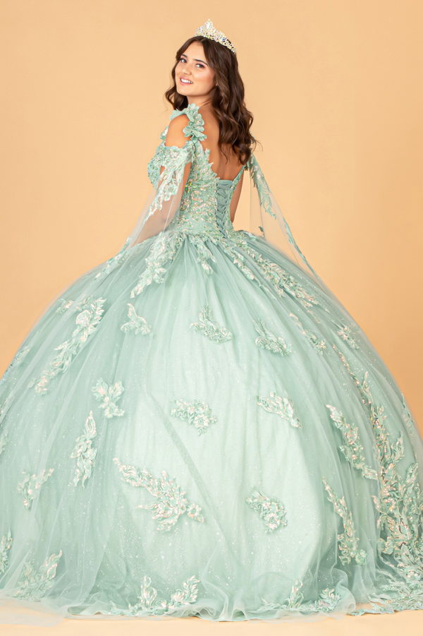 3-D Flower Applique Mesh Quinceanera Ball Gown with Side Mesh Drapes-2