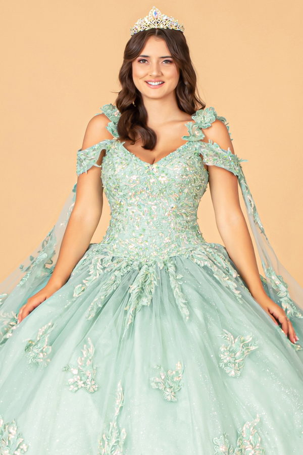 3-D Flower Applique Mesh Quinceanera Ball Gown with Side Mesh Drapes-3