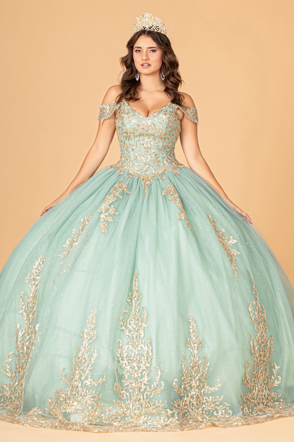 Gold Embroidered Mesh Quinceanera Ball Gown w/ Corset Back-1