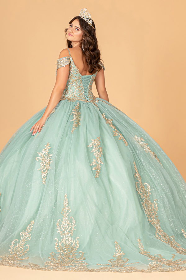 Gold Embroidered Mesh Quinceanera Ball Gown w/ Corset Back-2