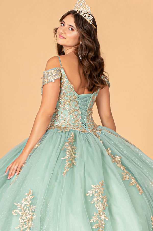 Gold Embroidered Mesh Quinceanera Ball Gown w/ Corset Back-4