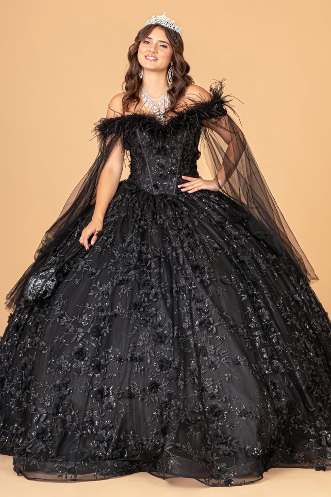 Mesh Quinceanera Dress w/ Side Mesh Drape and Detachable Feather Embellishment-4