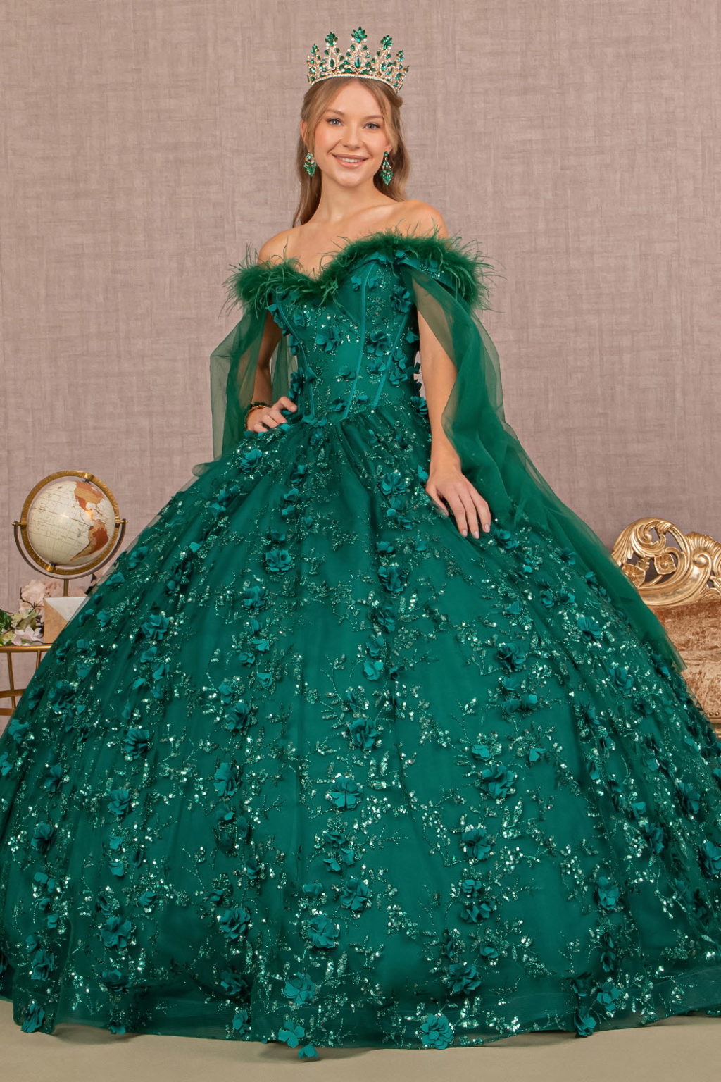 Mesh Quinceanera Dress w/ Side Mesh Drape and Detachable Feather Embellishment-1