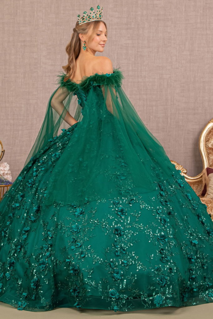Mesh Quinceanera Dress w/ Side Mesh Drape and Detachable Feather Embellishment-2