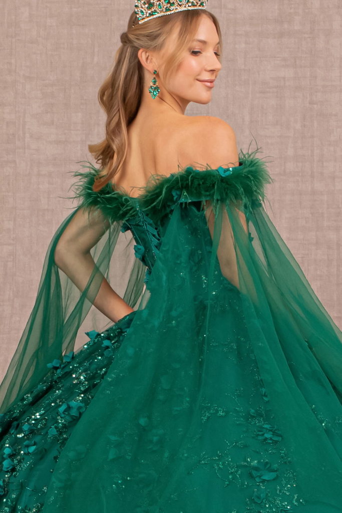 Mesh Quinceanera Dress w/ Side Mesh Drape and Detachable Feather Embellishment-3