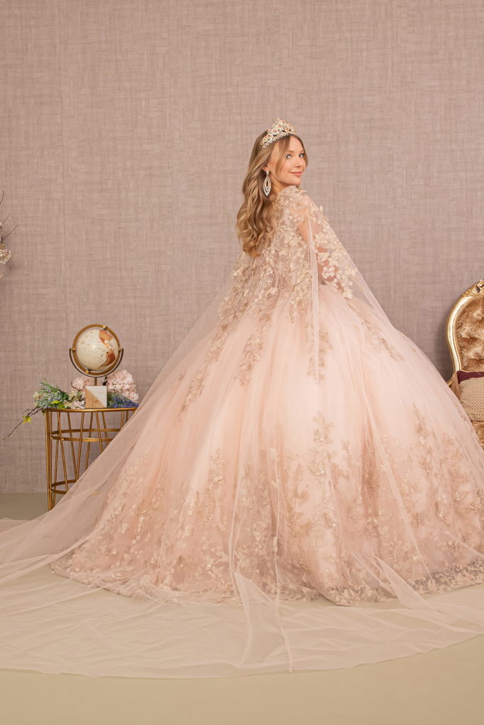Jewel Mesh Quinceanera Gown w/ 3-D Butterfly Appliques and Long Mesh Cape-2