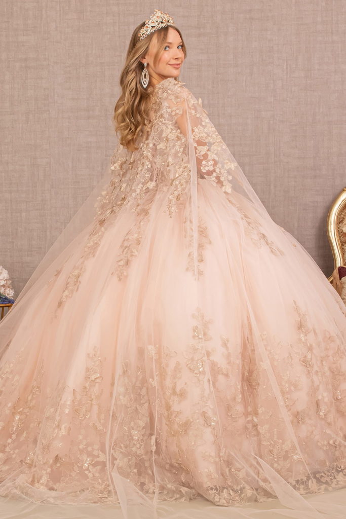 Jewel Mesh Quinceanera Gown w/ 3-D Butterfly Appliques and Long Mesh Cape-3