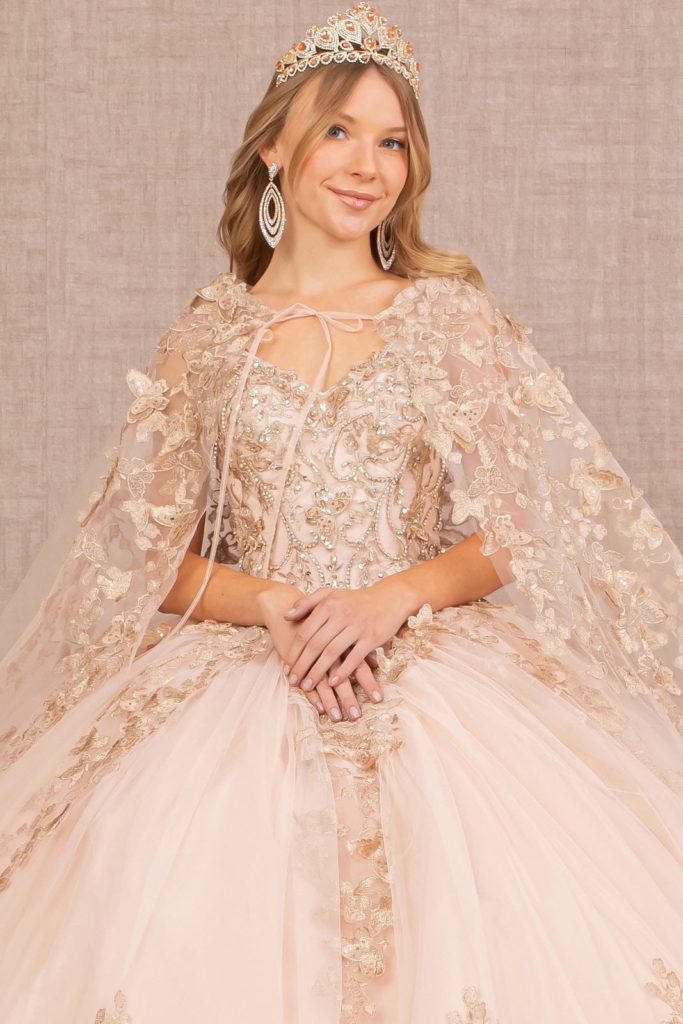 Jewel Mesh Quinceanera Gown w/ 3-D Butterfly Appliques and Long Mesh Cape-4