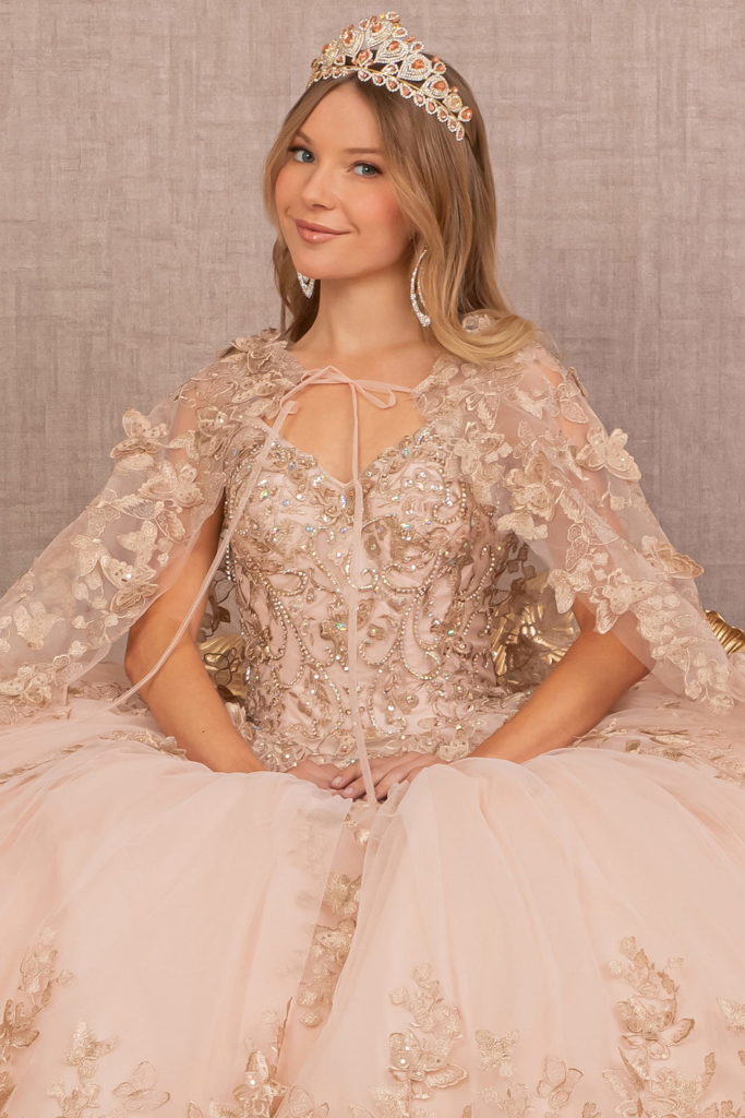 Jewel Mesh Quinceanera Gown w/ 3-D Butterfly Appliques and Long Mesh Cape-5