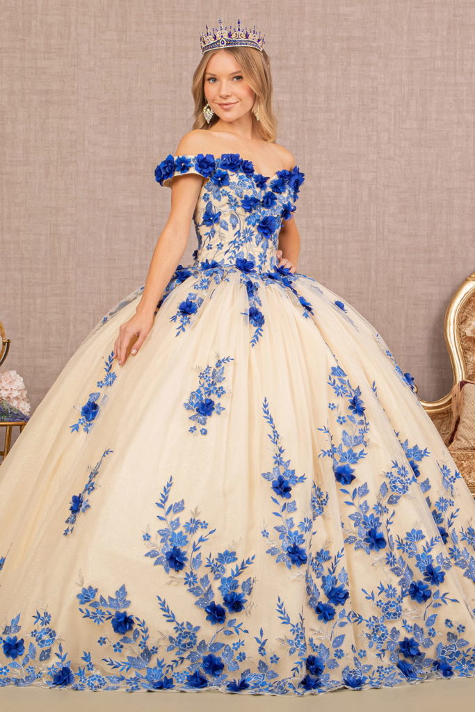 3-D Flower Embroidery Off Shoulder Mesh Quinceanera Gown-2