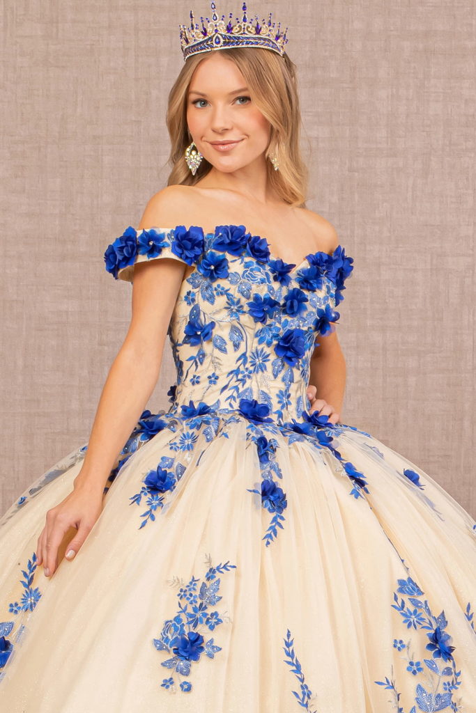 3-D Flower Embroidery Off Shoulder Mesh Quinceanera Gown-4