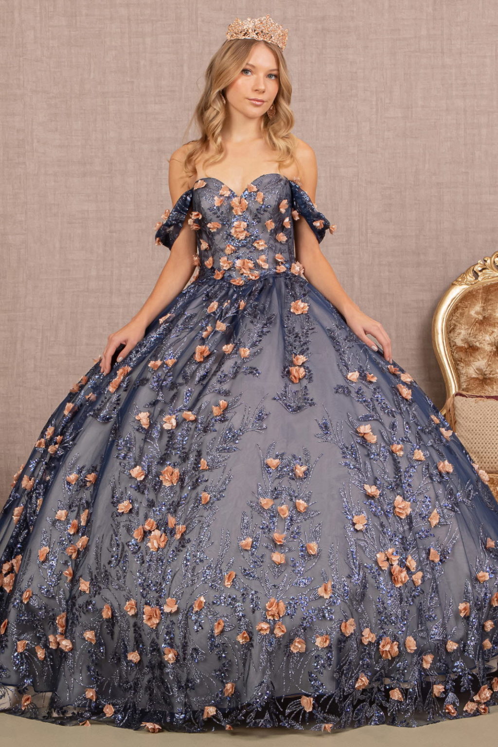 3-D Flower Applique Glitter Off Shoulder Mesh Quinceanera Dress-1
