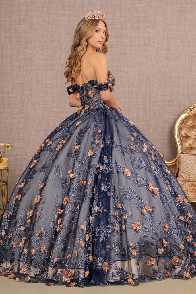 3-D Flower Applique Glitter Off Shoulder Mesh Quinceanera Dress-2