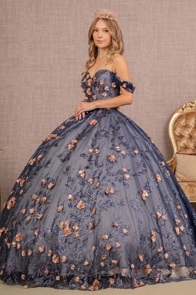 3-D Flower Applique Glitter Off Shoulder Mesh Quinceanera Dress-3