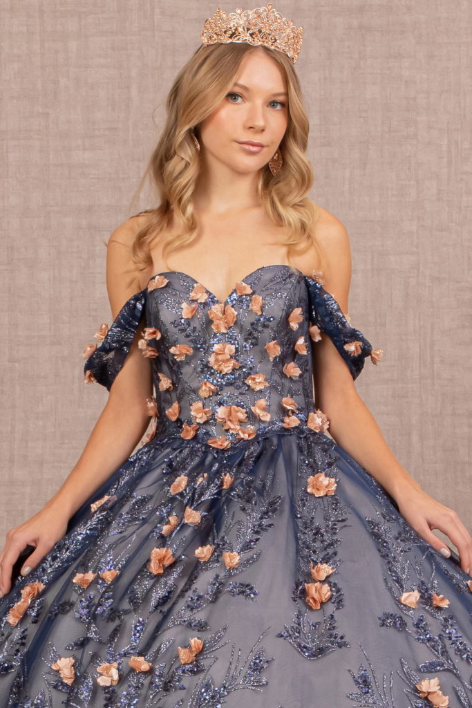 3-D Flower Applique Glitter Off Shoulder Mesh Quinceanera Dress-4