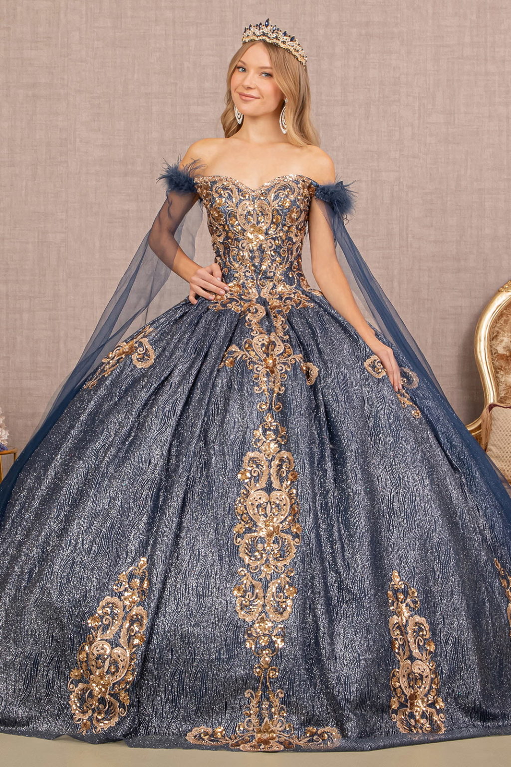 Feather Sequin Quinceanera Gown w/ Detachable Side Mesh Layer-1