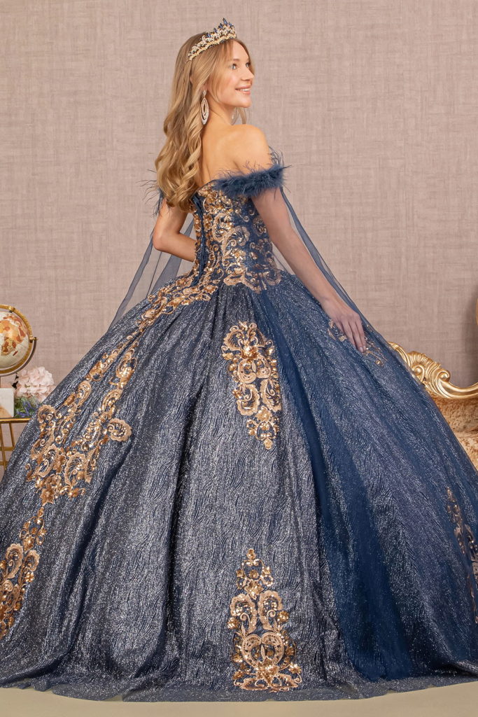 Feather Sequin Quinceanera Gown w/ Detachable Side Mesh Layer-2