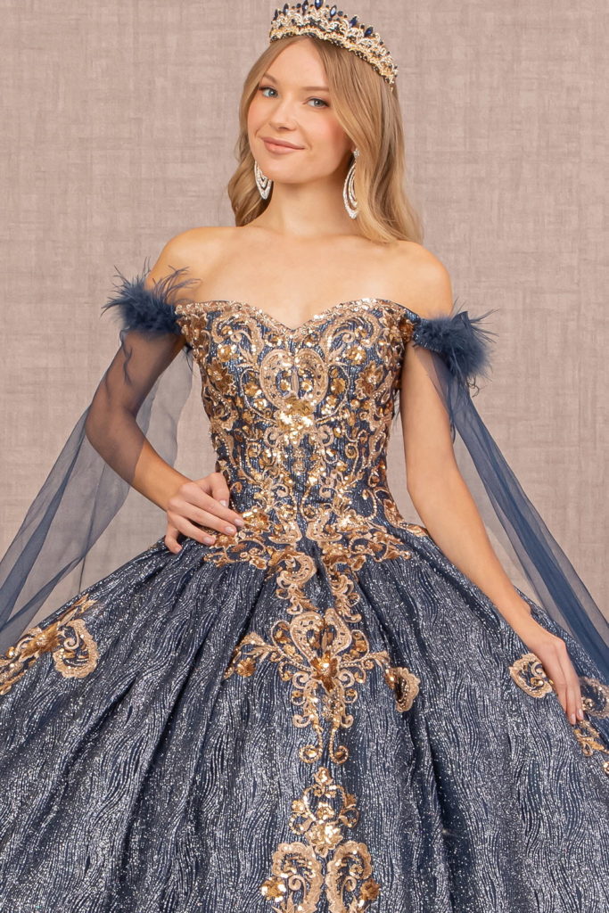 Feather Sequin Quinceanera Gown w/ Detachable Side Mesh Layer-2