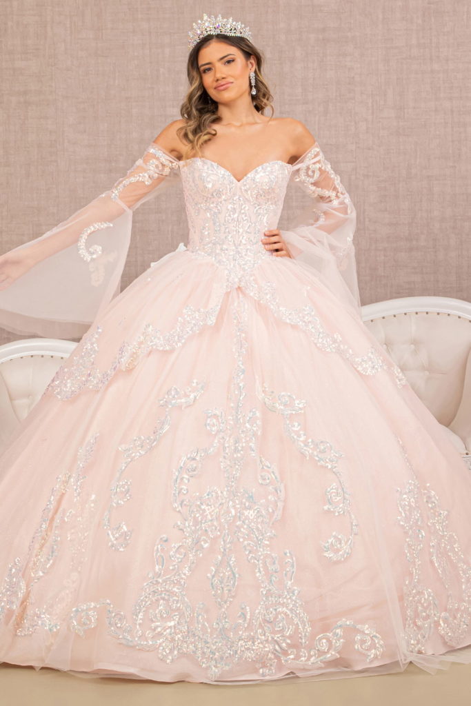 Glitter Layered Hem Quinceanera Gown w/ Long Mesh Sleeves-2