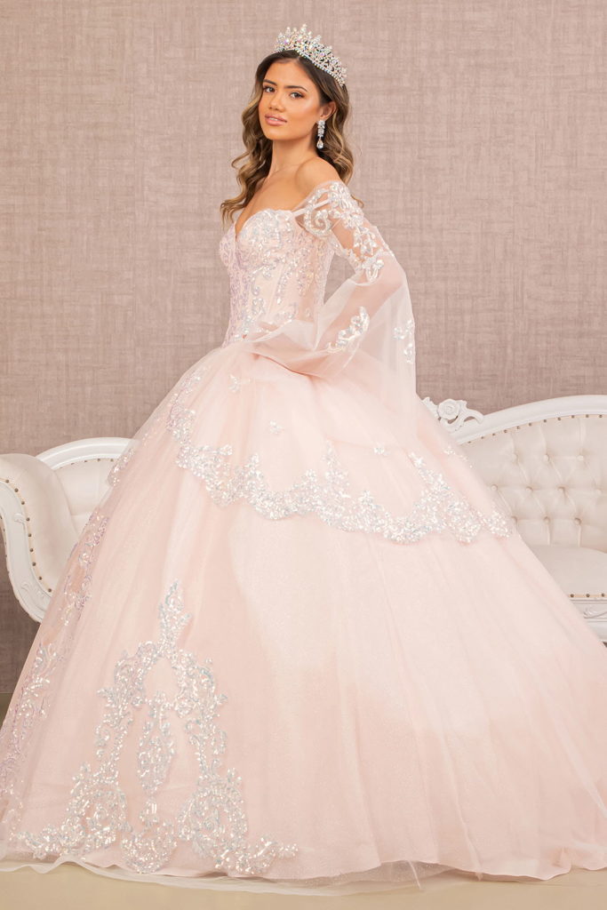 Glitter Layered Hem Quinceanera Gown w/ Long Mesh Sleeves-4