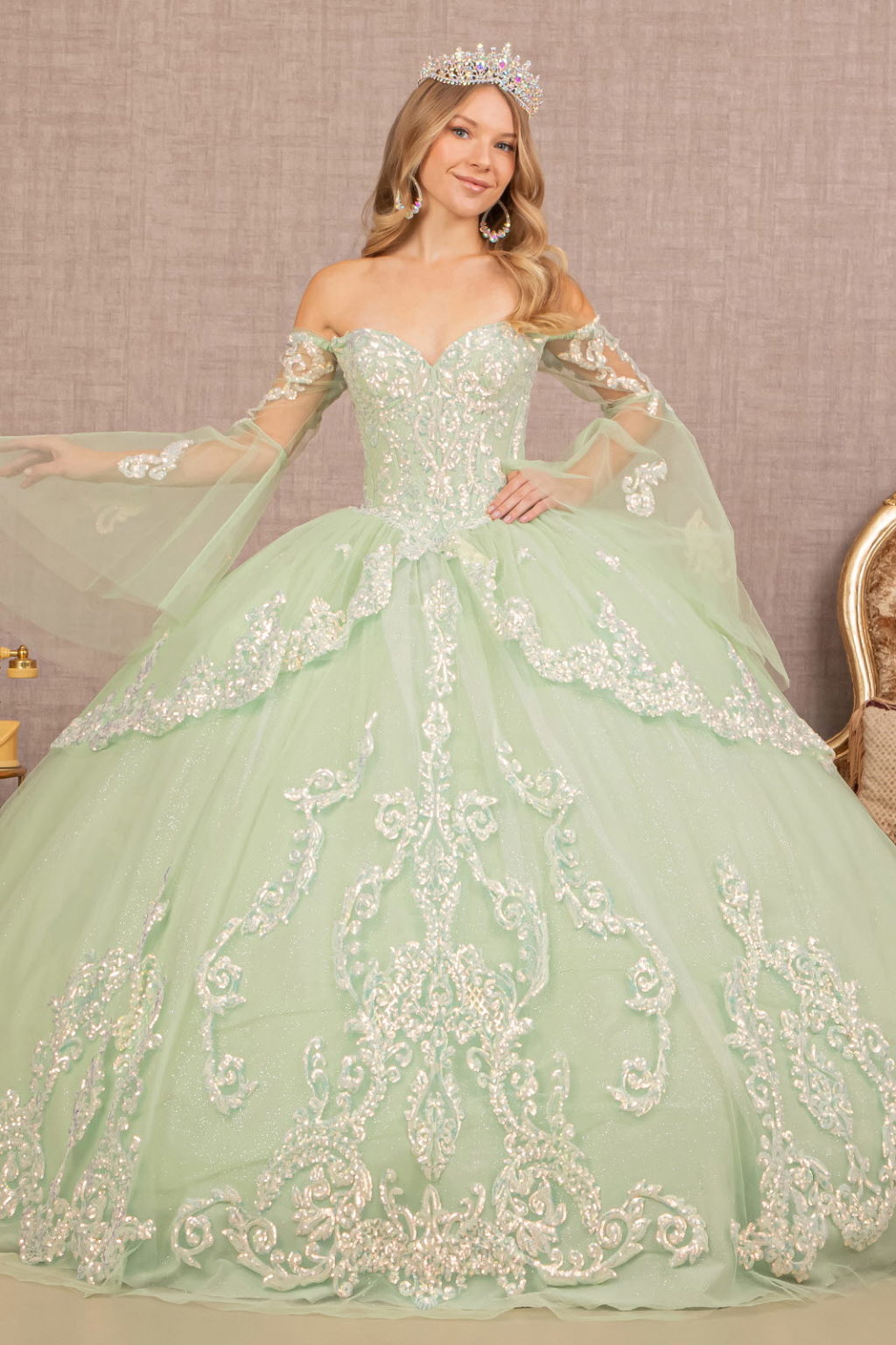 Glitter Layered Hem Quinceanera Gown w/ Long Mesh Sleeves-1
