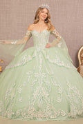 Glitter Layered Hem Quinceanera Gown w/ Long Mesh Sleeves-1