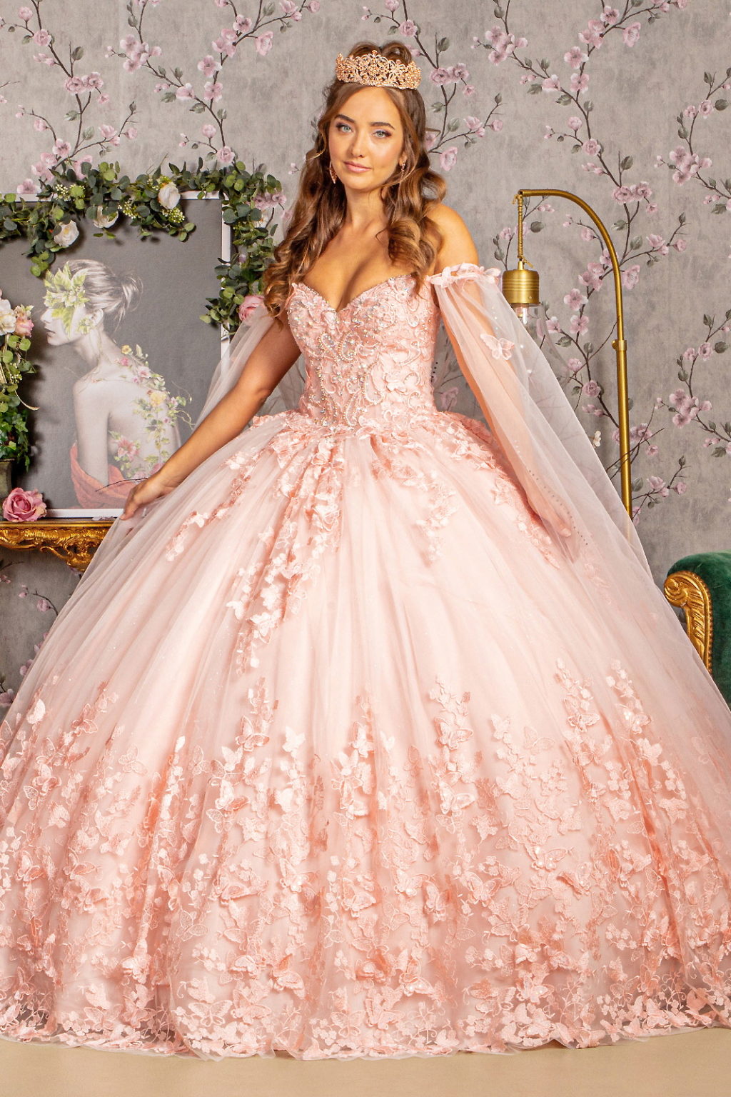 3-D Butterfly Applique Glitter Quinceanera Gown w/ Long Mesh Layer-1