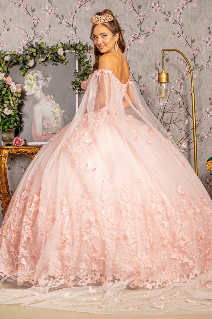 3-D Butterfly Applique Glitter Quinceanera Gown w/ Long Mesh Layer-2
