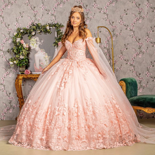 3-D Butterfly Applique Glitter Quinceanera Gown w/ Long Mesh Layer-3