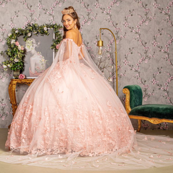 3-D Butterfly Applique Glitter Quinceanera Gown w/ Long Mesh Layer-4