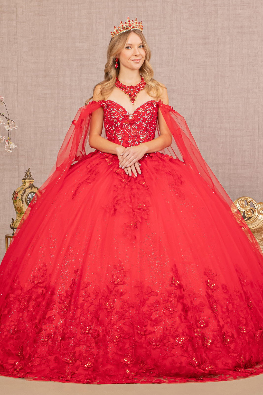 3-D Butterfly Applique Glitter Quinceanera Gown w/ Long Mesh Layer-5