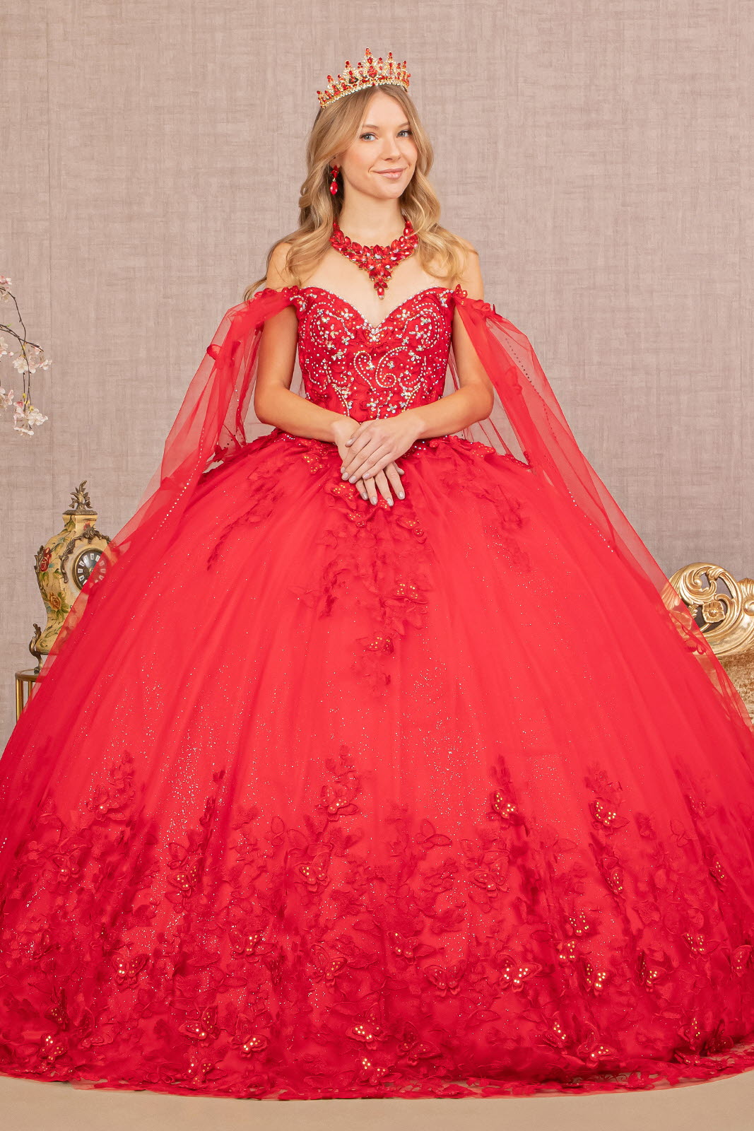 3-D Butterfly Applique Glitter Quinceanera Gown w/ Long Mesh Layer-5