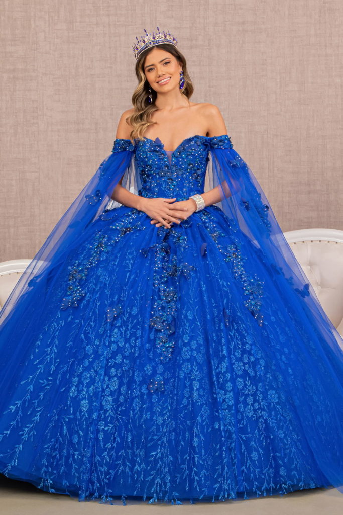 Embroidery Glitter Quinceanera Gown w/ Long Mesh Layer-0