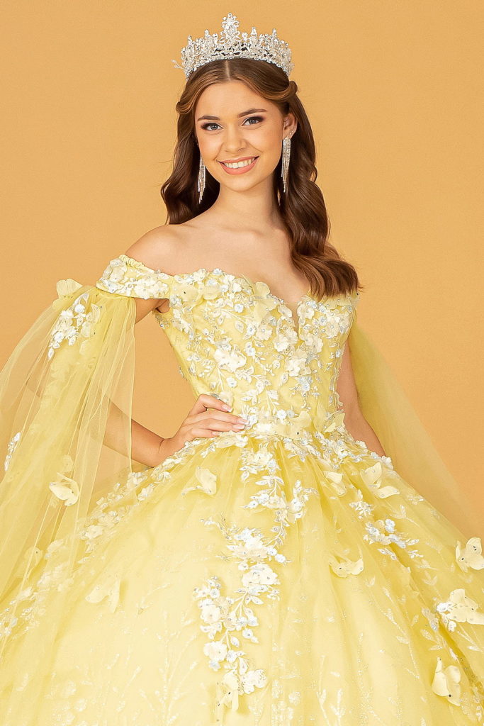 Embroidery Glitter Quinceanera Gown w/ Long Mesh Layer-5