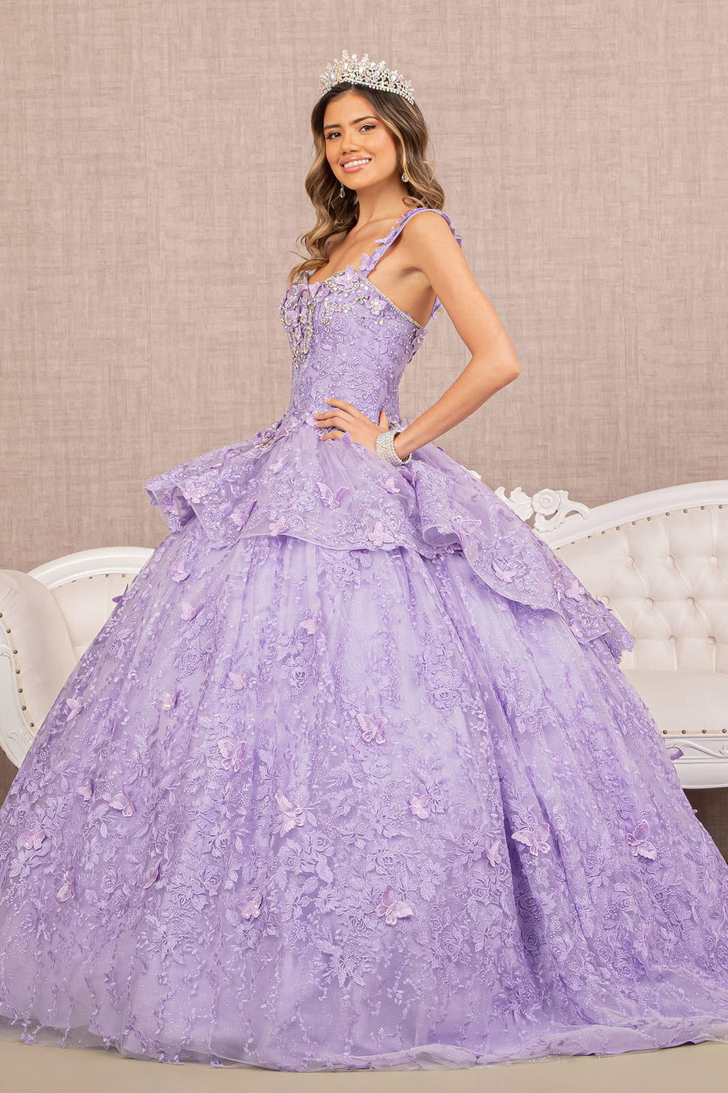 Jewel 3-D Butterfly Applique Off Shoulder Mesh Quinceanera Gown-4