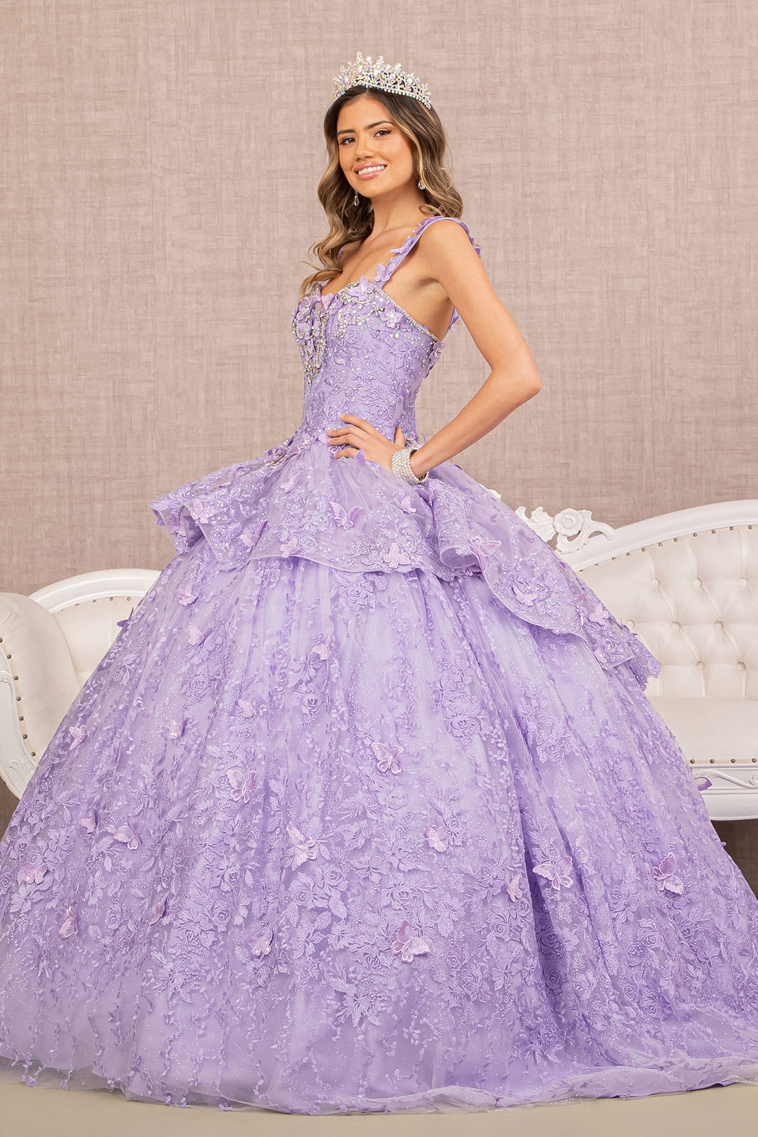Jewel 3-D Butterfly Applique Off Shoulder Mesh Quinceanera Gown-4