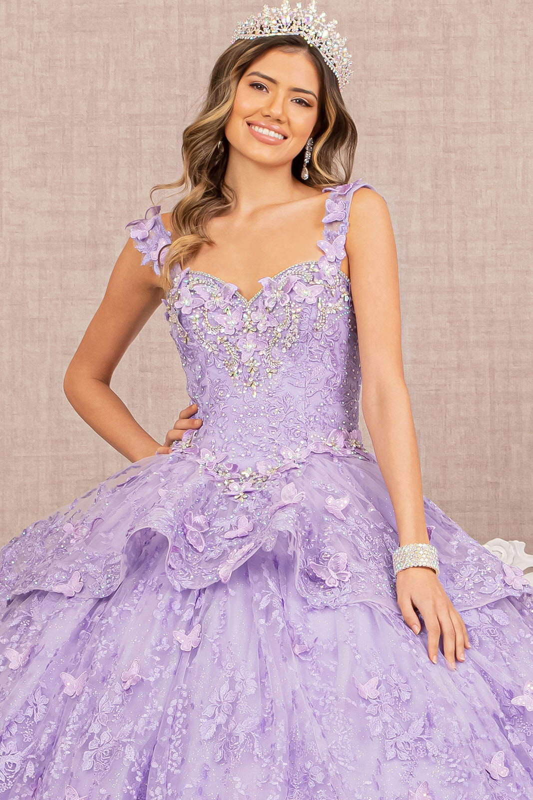 Jewel 3-D Butterfly Applique Off Shoulder Mesh Quinceanera Gown-3