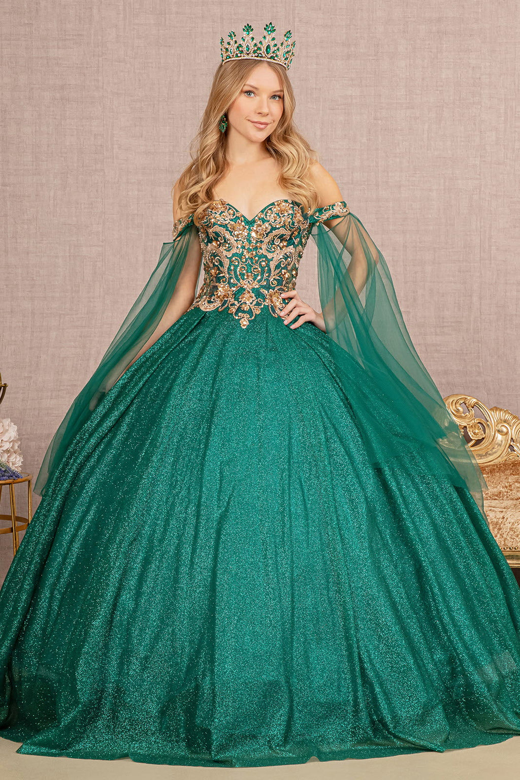 Glitter Sheer Bodice Mesh Ball Gown w/ Detachable Mesh Layers-1