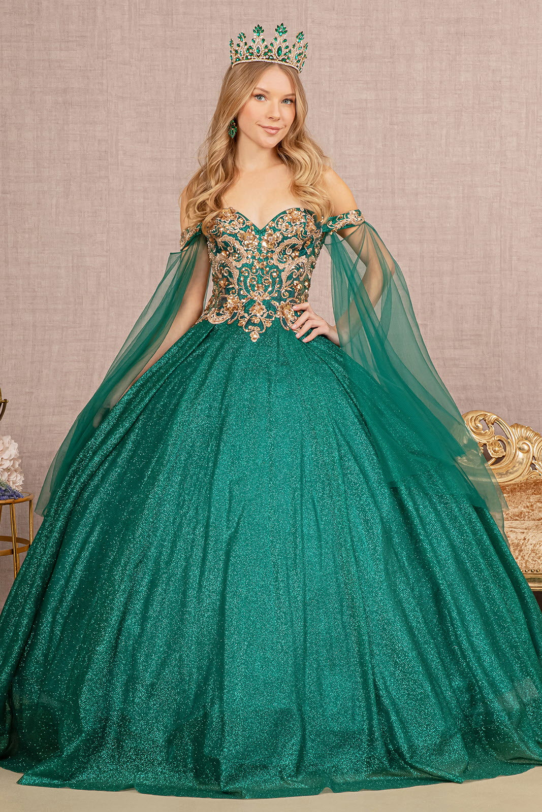 Glitter Sheer Bodice Mesh Ball Gown w/ Detachable Mesh Layers-1