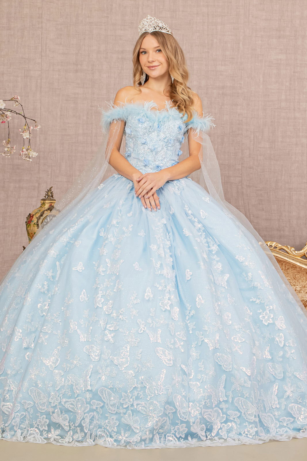 Feather 3-D Flower Quinceanera Gown w/ Detachable Side Mesh Layer-1